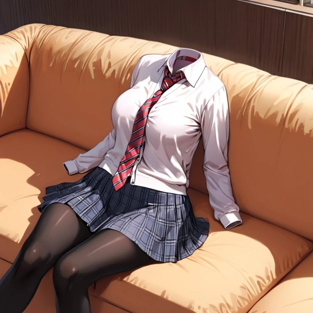 (invisible:1.5, no humans:1.5, headless:1.5, faceless:1.5), (School uniform, cardigan, plaid skirt, black pantyhose, striped tie, on sofa:1.2), (cute big breast), detailed cloth texture, ((1 girl))