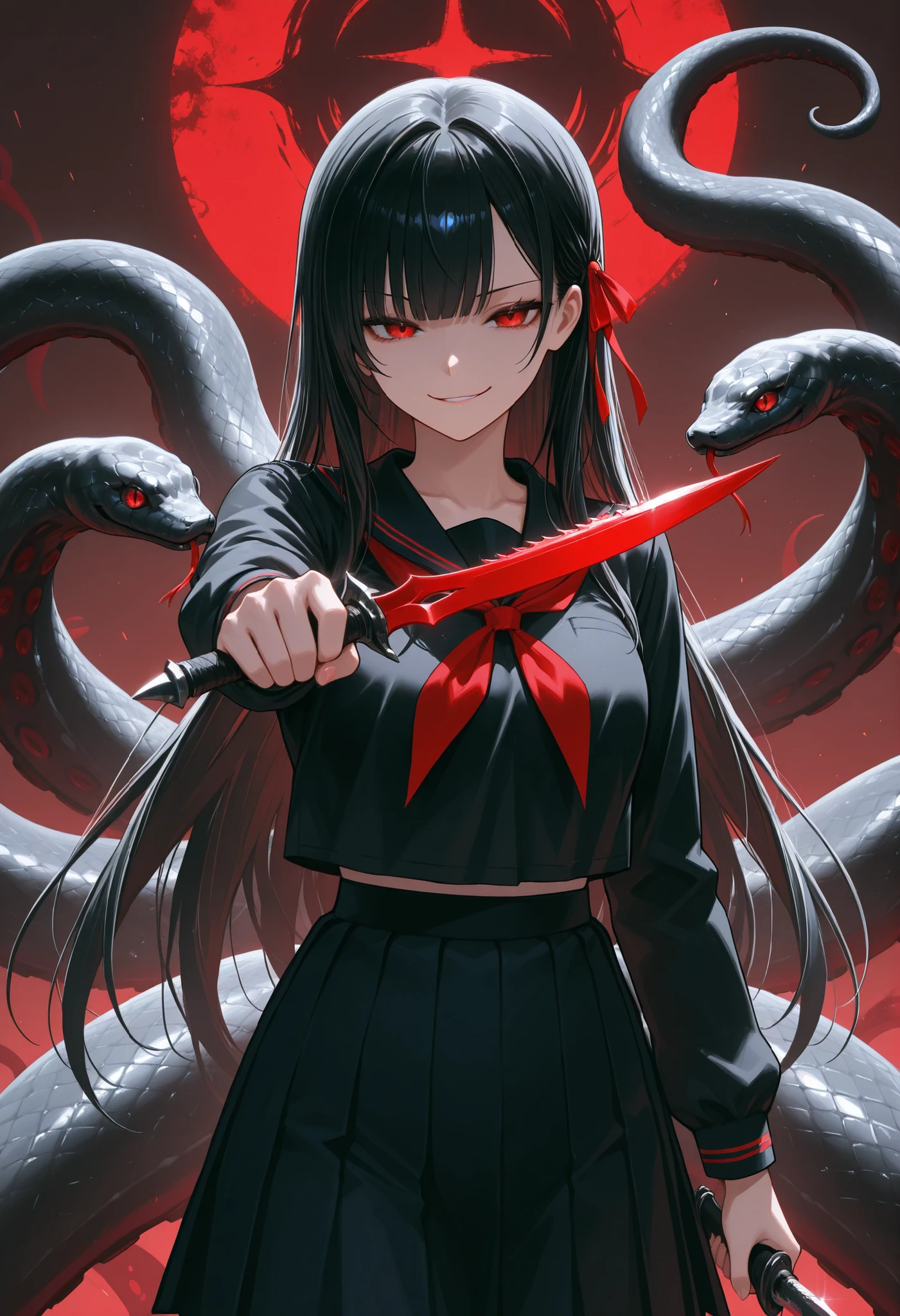 Scylla Girl. Black hair. Straight hair. Straight bangs. Red eyes. Smirk. Japanese high school uniform. Black costume. Dagger knife. Knife in hand. Snake-like tentacles. Multiple snakes. Black snakes.