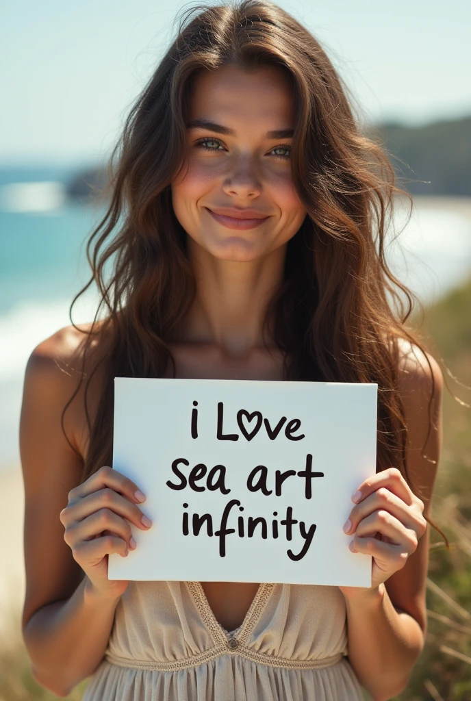 Hyperrealism,A girl holds up a sign that says I Love Seaart Infinity,Standing by the sea,Movie-quality images,Sunlight,Waves,Beach