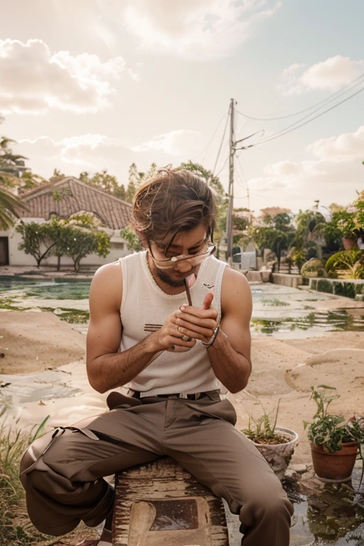 Best image quality, ultra realism, boy doing pose, boy sitting on rocks, 15 year old appearance, bodybuilder's body, perfect anatomy, releasing smoke through his mouth, smoke covers his mouth and nose, wearing glasses