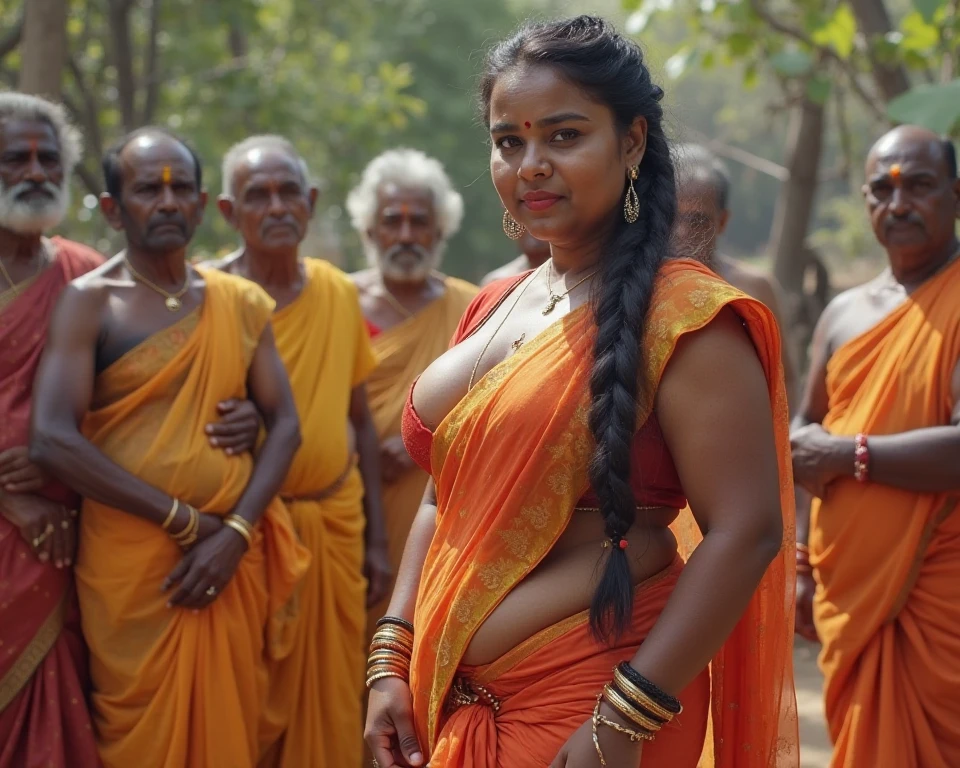 a very beautiful and sweaty 25 year old Indian naked girl, thick hairy armpits, muscular abs, raising her arms high while being carried and kissed by two young men