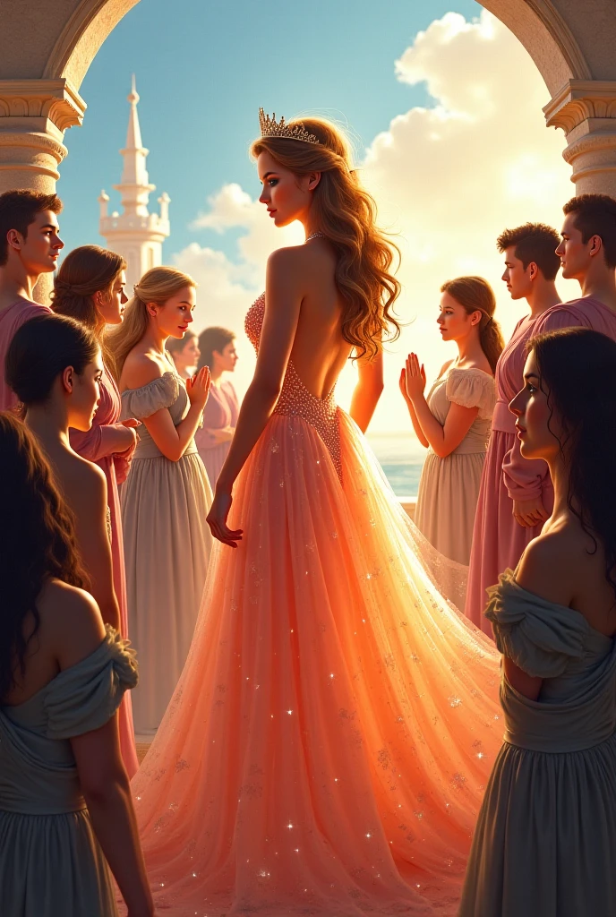a greek goddess wearing beautiful light pink greek dress and a crown, head to toe visible standing a bit far in front of a greek Shepherd young masculine of same height as goddess, background is greek wedding decoration, renaissance, cinematic, no romance