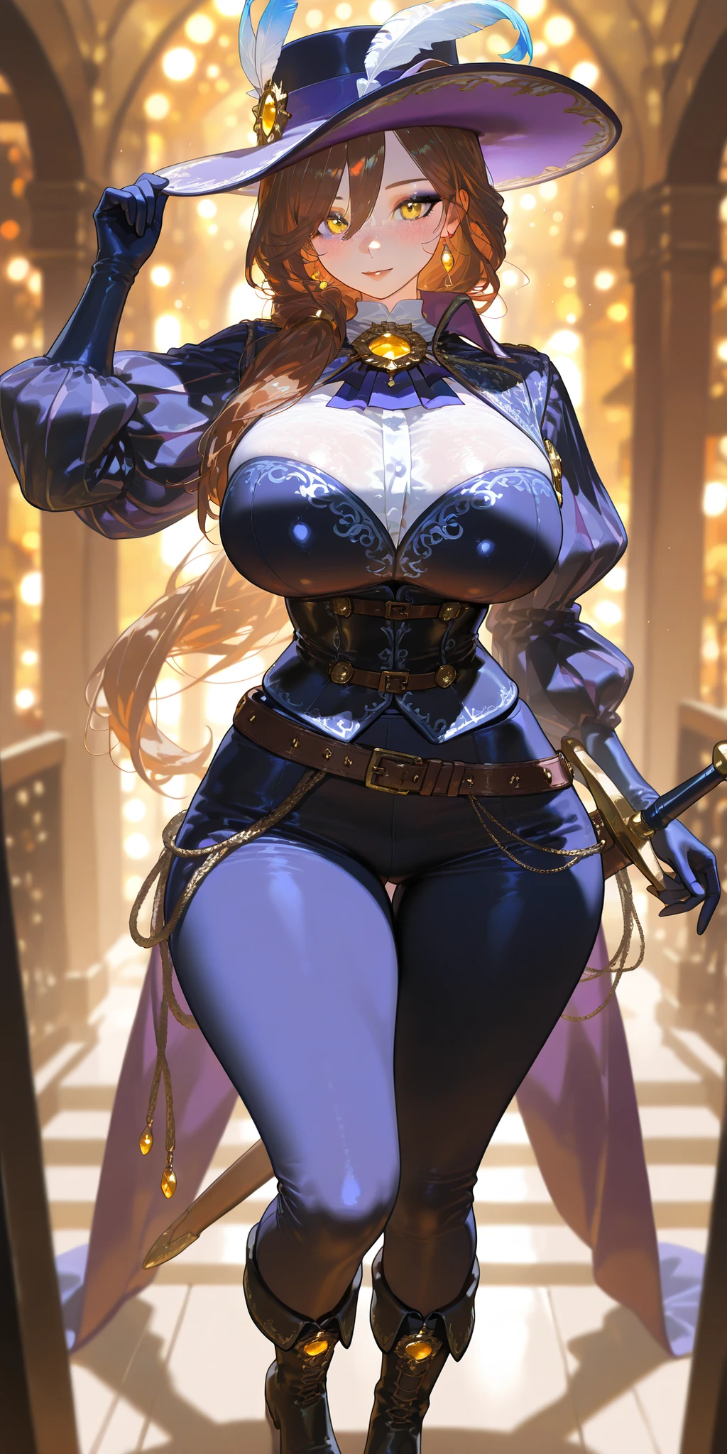 8k, best quality, masterpiece, highly detailed, semi realistic, a girl, young female, 20 years old, absurdly long purple hair, hair between eyes, banks, blue eyes, big breast, cleavage, red lips, gorgeous military uniform, corset, slim figure, cool expression, skinny pants, thigh high boots,