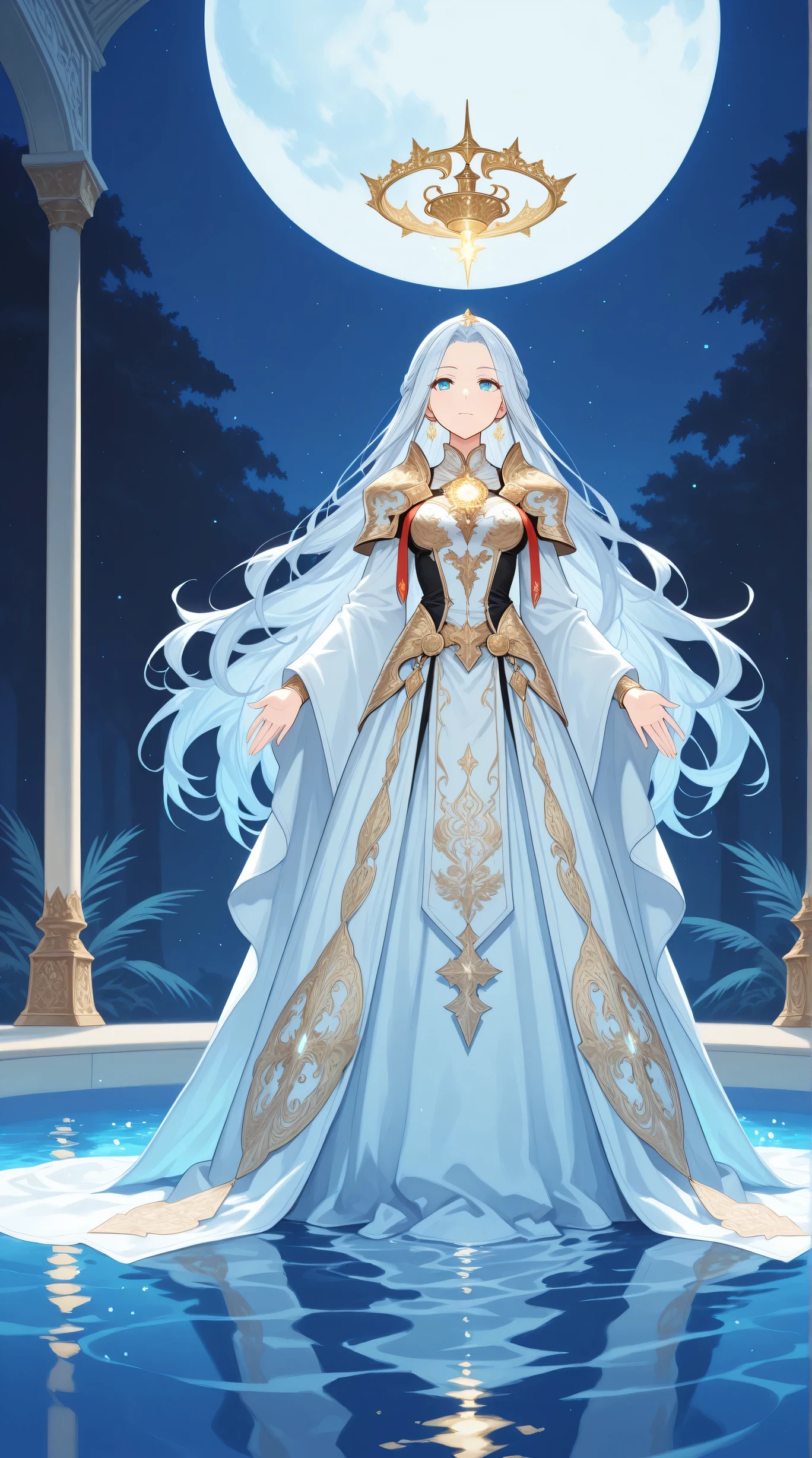 Masterpiece, Best Quality, Top Quality, Very Detailed, 1 girl, A rainy night with glowing reflections on water and soft blue lighting. A serene moonlit pool with tranquil waters and tropical silhouettes. Highly detailed anime-style illustration featuring a fantasy empress who embodies four elemental spirits. She has long flowing hair that shifts in color from silver to rose gold, adorned with ornate accessories and a red ribbon. Her outfit combines elegant traditional garments with fantasy armor, layered with flowing fabric and mystical patterns