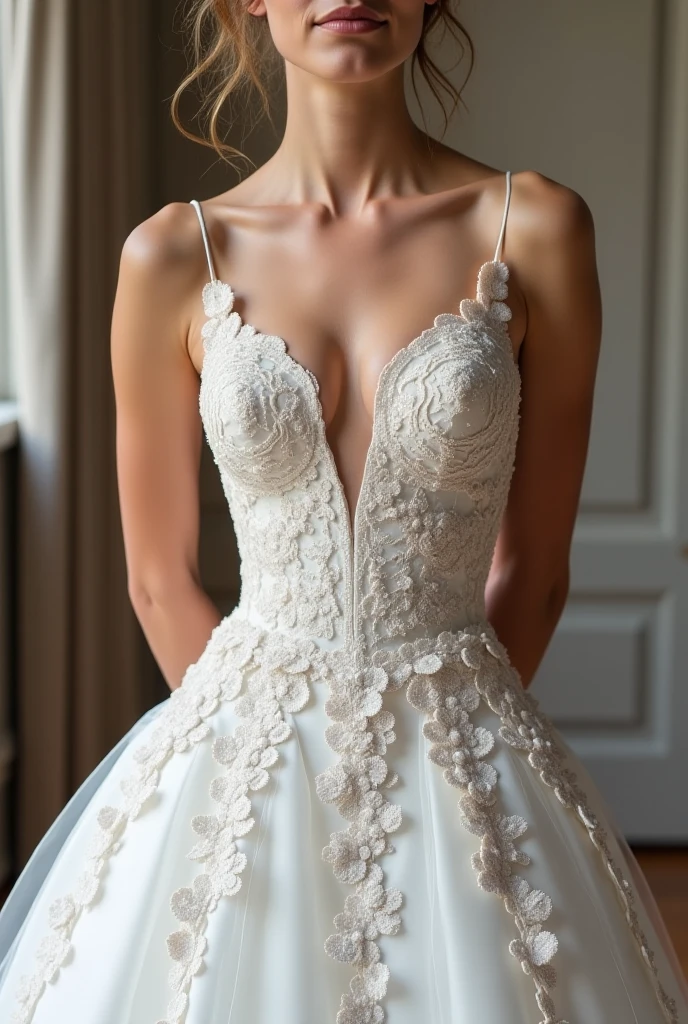 ((The highest image quality, 8K, tmasterpiece:1.3)), 1girll, perfect body beautiful woman:1.3, (random hair styles, Colossal tits,white wedding dress), Bandeau,shift dresses:1.1, Ultra-fine face, A detailed eye, 二重まぶた,ssmile
