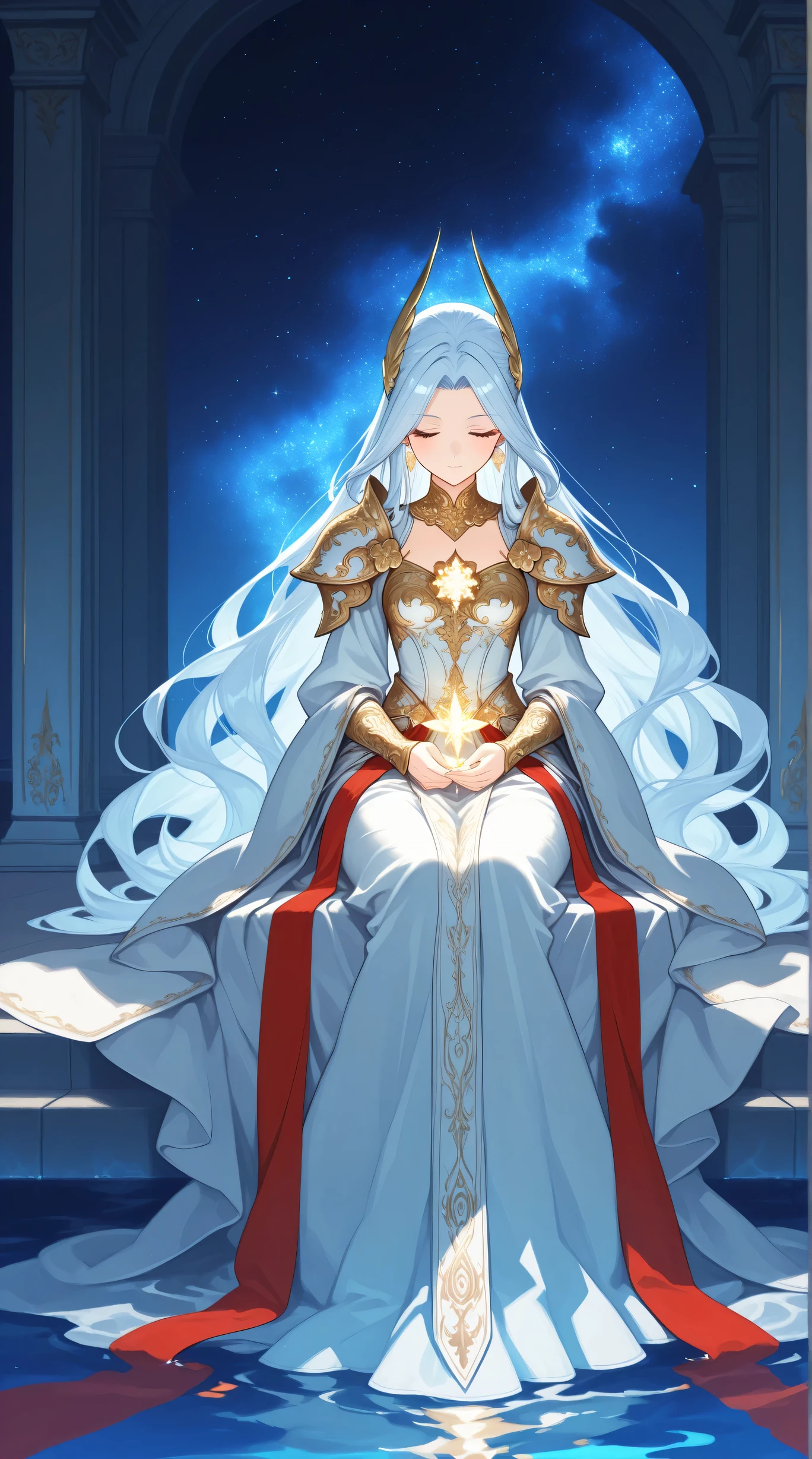 Masterpiece, Best Quality, Top Quality, Very Detailed, 1 girl, A rainy night with glowing reflections on water and soft blue lighting. A serene moonlit pool with tranquil waters and tropical silhouettes. Highly detailed anime-style illustration featuring a fantasy empress who embodies four elemental spirits. She has long flowing hair that shifts in color from silver to rose gold, adorned with ornate accessories and a red ribbon. Her outfit combines elegant traditional garments with fantasy armor, layered with flowing fabric and mystical patterns