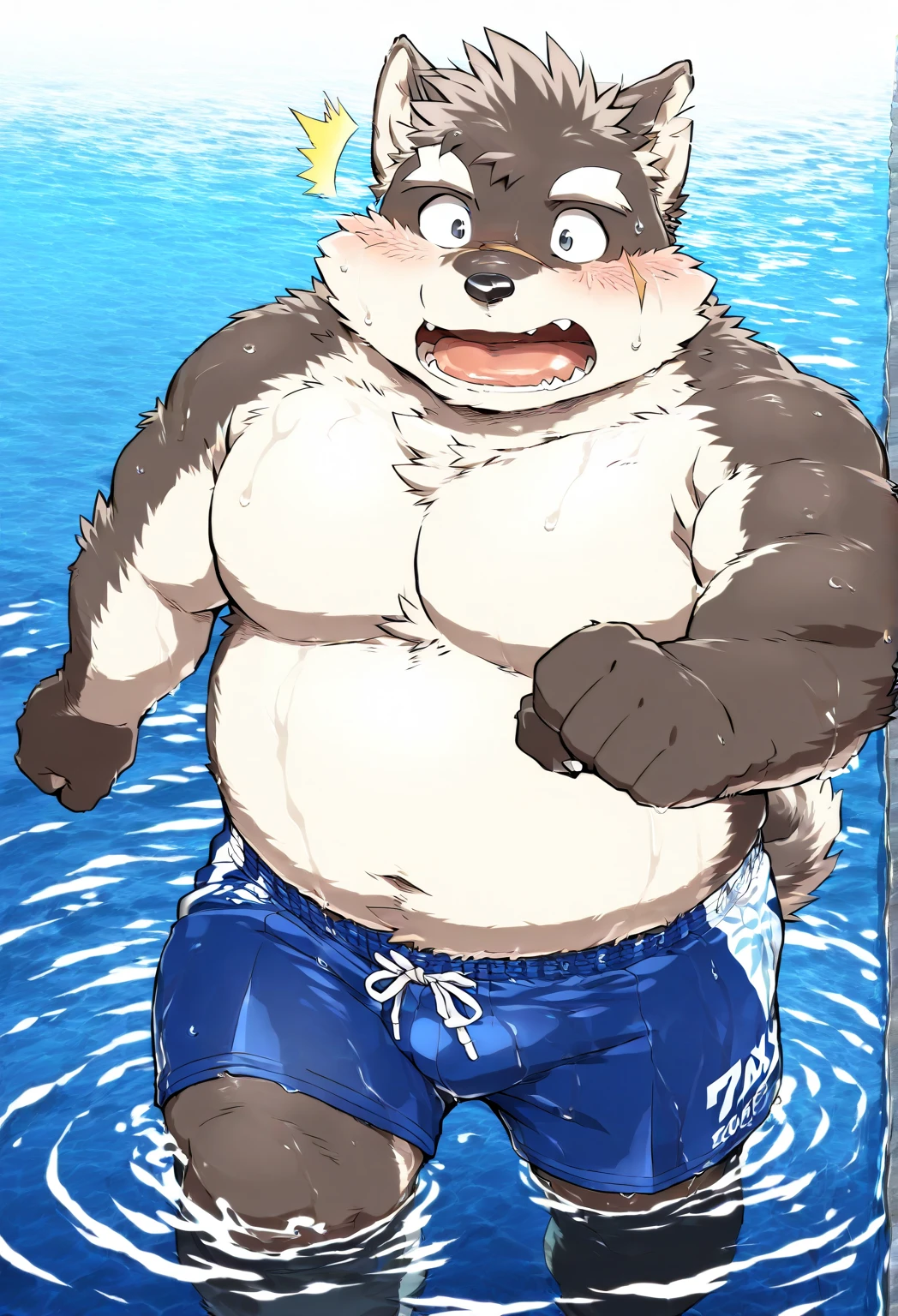 raccoon，overweight，只有swim短裤，in the sea，Tanned skin，blue eyes，cute，happy，Playing in the water，swim圈，Back photo，swim，obesity，