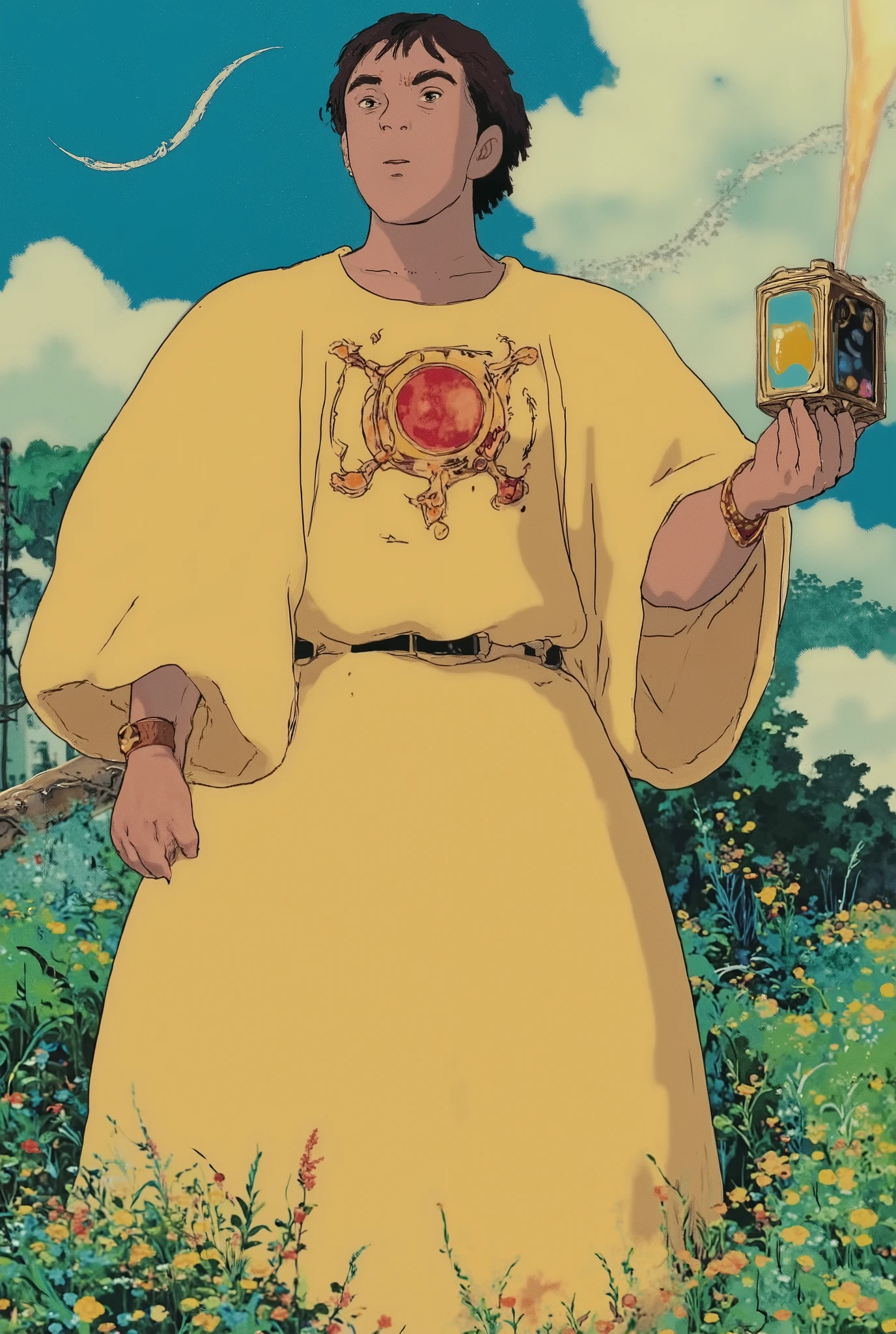 Young wizard man, Handsome, sexy in a rich yellow outfit, tunic style that leaves your abdomen exposed, with a with glemering golden sun logo. super shiny cube box in his right hand with his legs exposed, pronounced glutes, delicate appearance. weadow background photo style