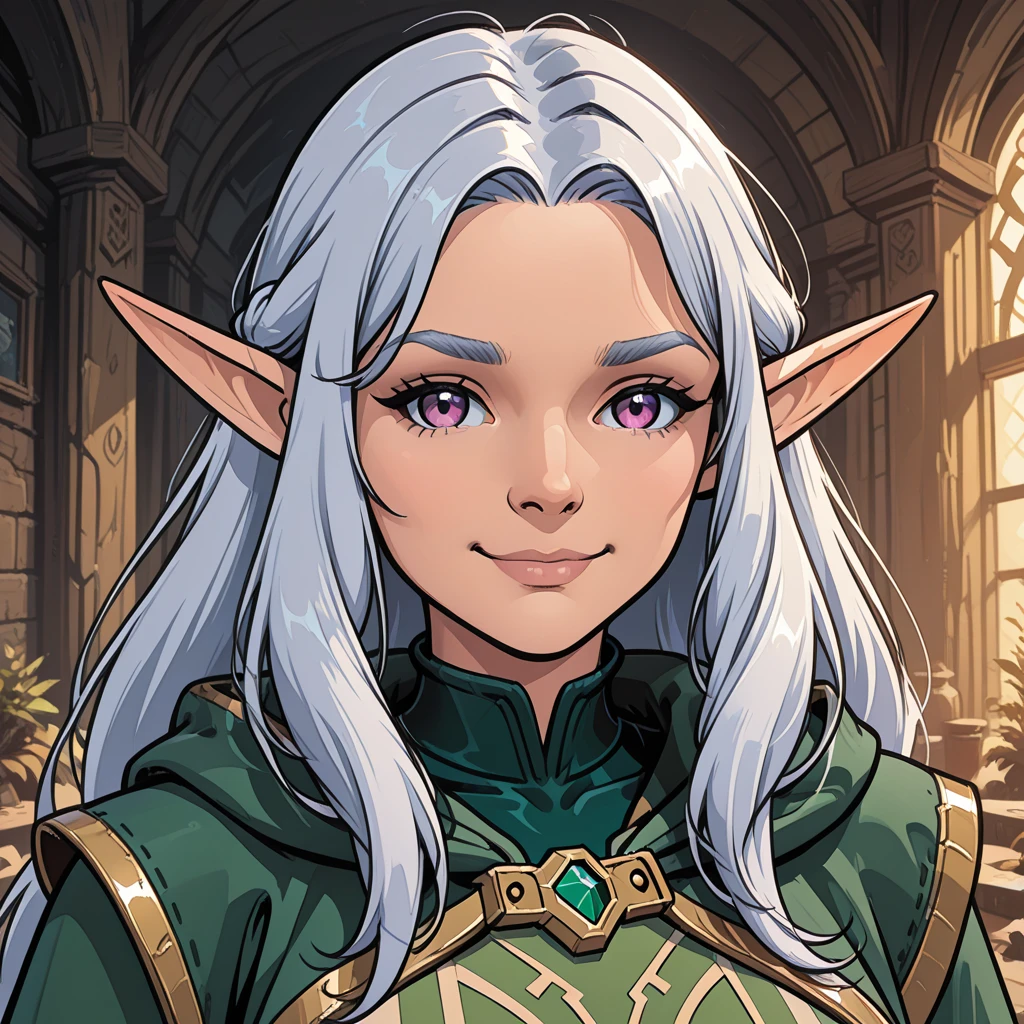 portrait of a hourglass shaped elf with (long white hair behind ear, straight bangs), (necklace, earrings), (glowing eyes, green eyes), (seductive smile:1.3), eye contact, (black embroidered lingerie), cleavage, close to a window, sitting on a chair crossed-leg, bedroom, (morning), god rays, ray tracing, best quality, 16k, masterpiece