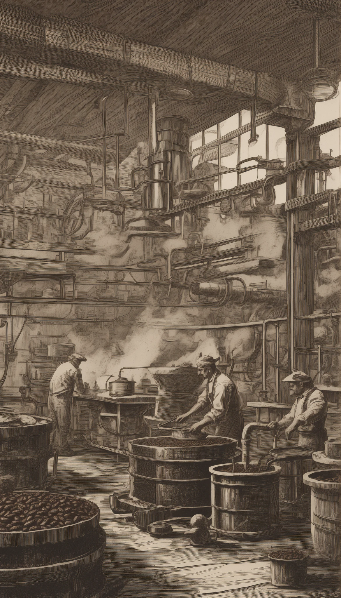 wdct, wood cut style, industial, men cooking coffe bean among industial equipment