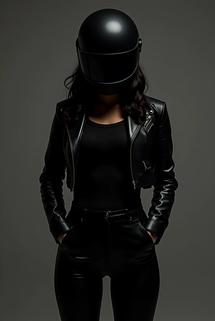 1woman, ((black biker helmet covering face)), plain black shirt, short white leather jacket, dark grey jeans,  pose, leaned against a wall, no skin visible
