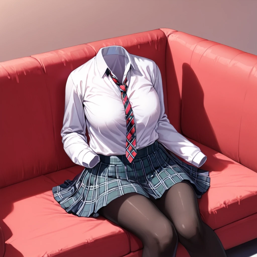 (invisible:1.5, no humans:1.5, headless:1.5, faceless:1.5), (School uniform, opened blouse, cardigan, plaid skirt, black pantyhose, striped tie, on sofa:1.2), (cute big breast), detailed cloth texture, ((1 girl))