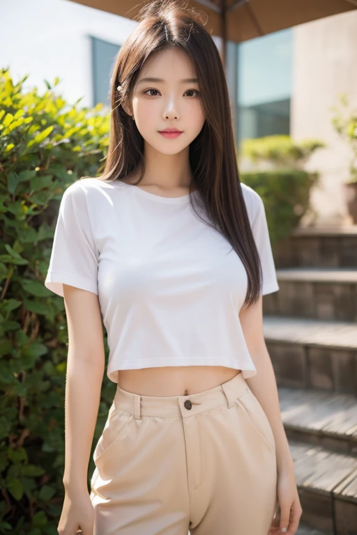 Best quality, masterpiece, 1 Girl, Beautiful face, (Photo-realistic:1.3), Edge lighting, (High Detail Skin:1.2), 8K, Ultra high quality, Digital SLR Camera, high quality, high resolution, 4k, 8K, Bokeh, absurd, The best ratio of four fingers and one thumb, (realistically:1.3), Cute 1girl, Wearing a white T-shirt, Medium breasts, White skirt,smile pure sunshine,,Wet clothes、Not worn、Not worn、Focus on your nipples