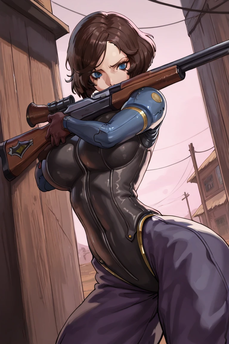 Nier Automata's 2B, with brown hair, (((nude, topless))), bright green eyes with brown spots, detailed lips, stain lipstick, long eyelashes, primer, cream eyeline, small low hanging and heavier breasts, narrow waist, wide hips, inflated legs, thick thighs, 4k, highly detailed face, fighting stance kneeling with sword in one hand, smoke in the beackground, wreckage around her, rubble on the ground, destroyed skyscrapers in the background, dark cloudy sky, flames in the distane, ash particles in the air, scowling, wind in hair