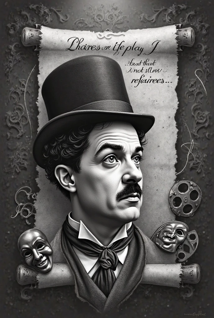 Black and gray tattoo, Realistic style. The face of Charles Chaplin in the spotlight, with a thoughtful expression and wearing his classic top hat. Behind him, an ancient scroll unfolds, with the phrase 'Life is a play that does not allow rehearsals...'written in artistic calligraphy.
Behind the scroll, symbolic elements of his story come out: theater masks, film reels , musical notes and a half-open theatrical curtain, all harmoniously integrated into the composition, creating a poetic and expressive setting