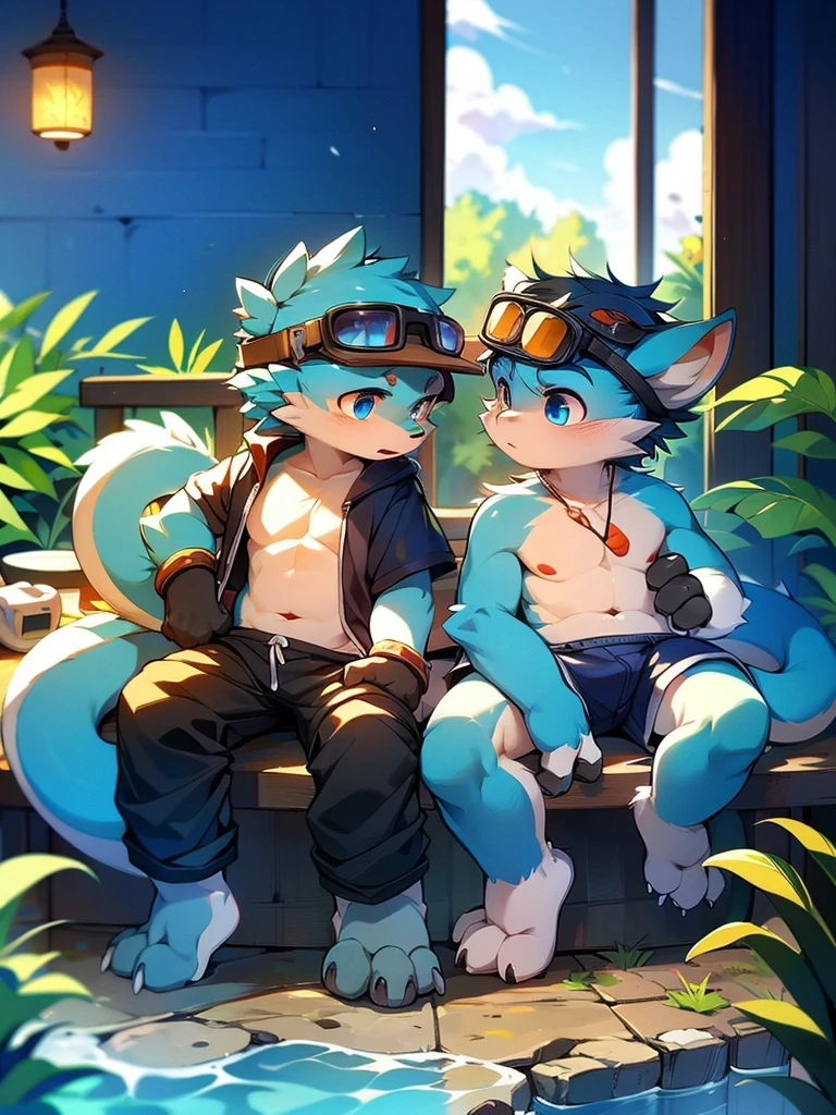 Chinese dragon boy,Gray fur,Topless, mammal, hairy,Aqua blue eyes,Blue and black gradient swimming trunks quality,black fingerless gloves,goggles,laboratory,barefoot,inventor,Dragon Horn,star tattoo
