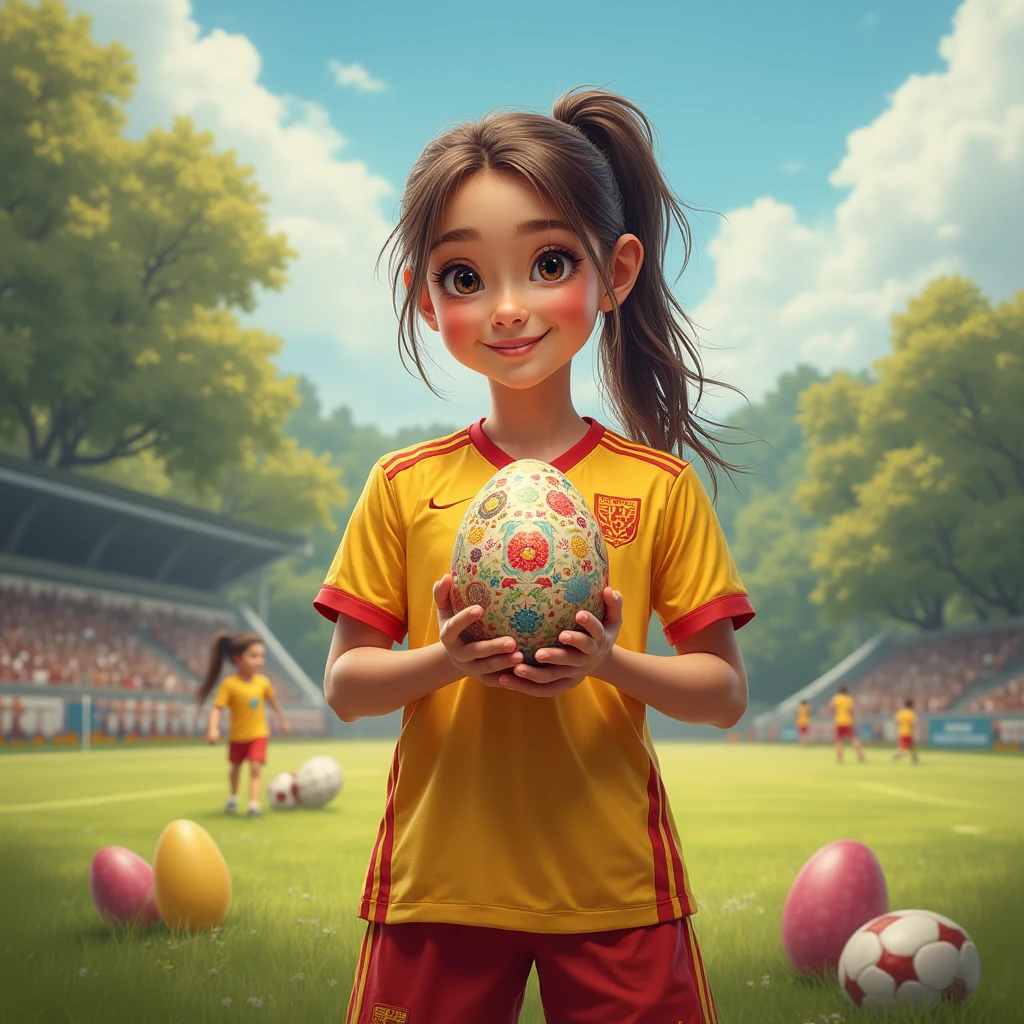 Easter egg in the hand of a female girl soccer player, team color and