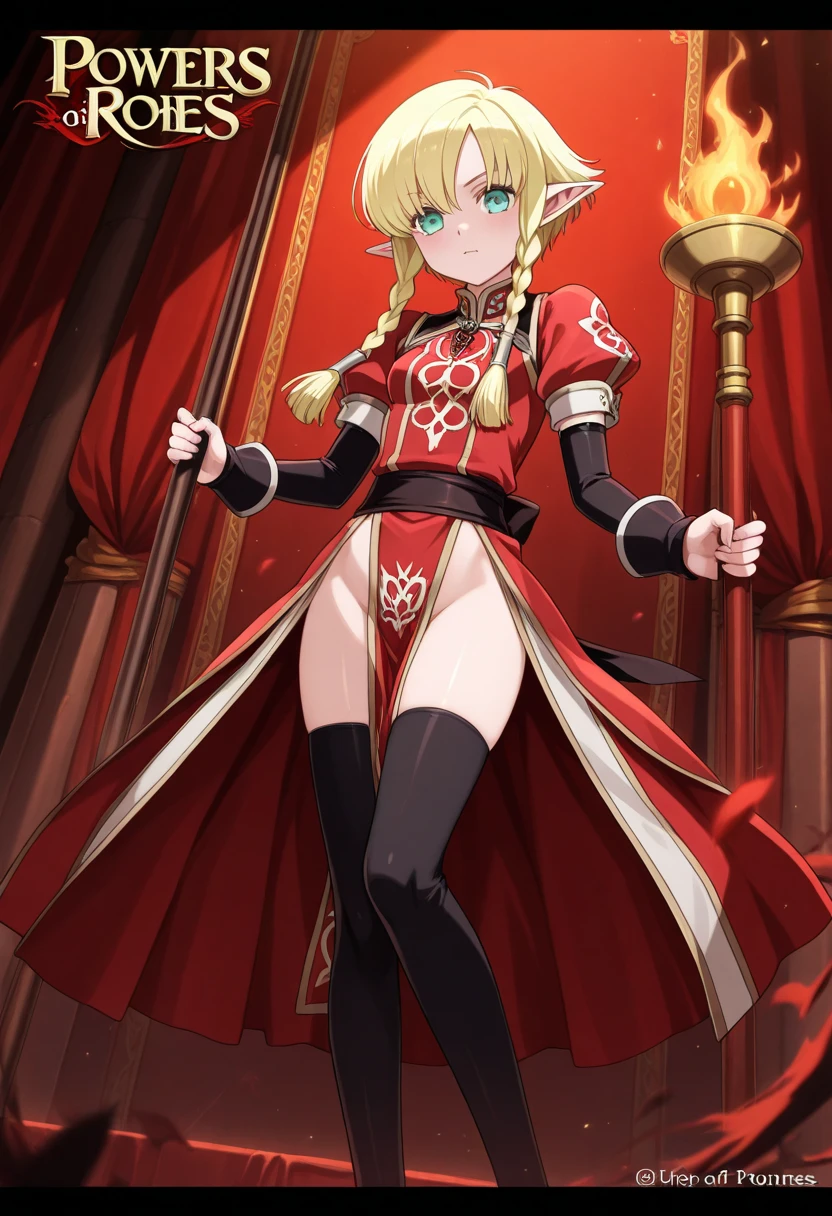1 girl, alone, arms, sword, Brown eyes, Looking at the audience, lips, Please put your hands on your hips, sheath, smile, knife, Upper Body, Mouth closed, sheathに包まれた, Long blonde hair, raise your hand、Wearing a black high-leg leotard、Cowboy Shot、Charlie Morningstar、Wear black knee-high socks、Armored,Red Cape、beret