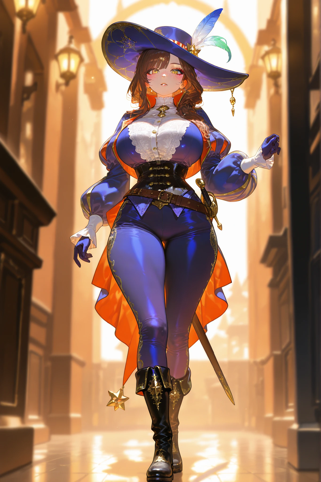 sfw, MiraKamiunten, streaked hair, earrings, military hat, white gloves, sarashi, huge breast, cleavage, purple jacket, red belt, spiked collar, epaulettes, intricate leotard, (masterpiece, highest quality, best quality, official art, beautiful and aesthetic: 1.2), (1girl), extremely detailed, (fractal art: 1.3), colorful, highest detailed, perfect face, HDR, bright colors, huge breasts, detailed face, detailed eyes, perfect face, perfect eyes, (full body),