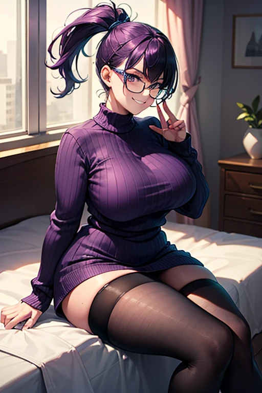 Beautiful young teenager, 1girl, purple hair, blue eyes, extremely short hair, freckles on face, happy, smiling, thin frame eyeglasses, thick lips, full lips, huge breasts, extreme cleavage, deep cleavage, very thin body, very long sweater, thigh high stockings, high heeled sandals, perfect anatomy, modern apartment background, ultra-detailed, 4k, 8k, best quality, masterpiece, model, modeling, posing for camera, detailed background