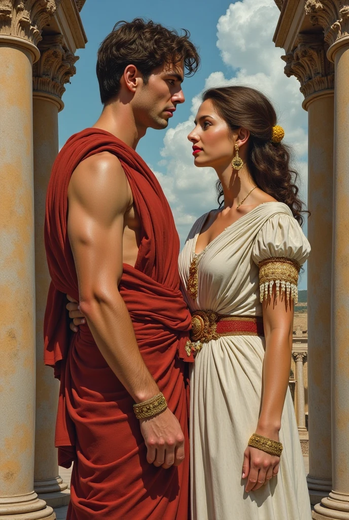 Creates a hyperrealistic image of the Virgin Mary as a humbly dressed real woman similar to the films about Mary of Nazareth, bare from the waist up because of the intense heat, in ecstasy surprised as she embraces and looks into the eyes of a teenage Roman boy with whom she is very much in love in the shed of a house in ancient Palestine on a very hot and sunny day. She is calm and confident with feelings of love and pleasure. He is also very much in love