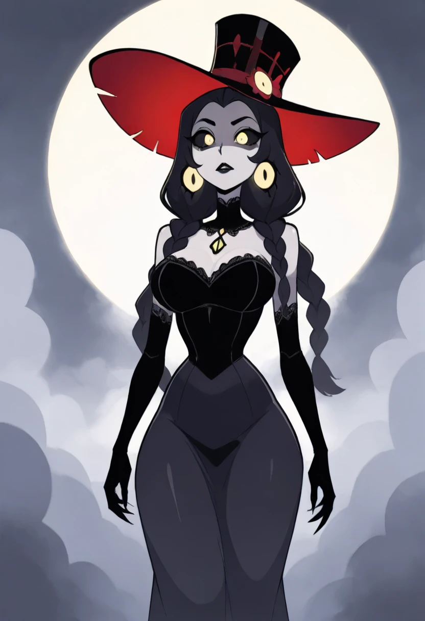 masterpiece, best quality, ultra highres, detailed illustration, detailed, 1girl, long hair, goth, hot, pale grey skin, black hair, ample breasts, black lace strapless gown, glowing yellow ghostly eyes, black sclera, low twin braids, dark grey lipstick, Ghost, death magic, claws, crows, fog, grey sclera, witches hat, Hazbin Hotel