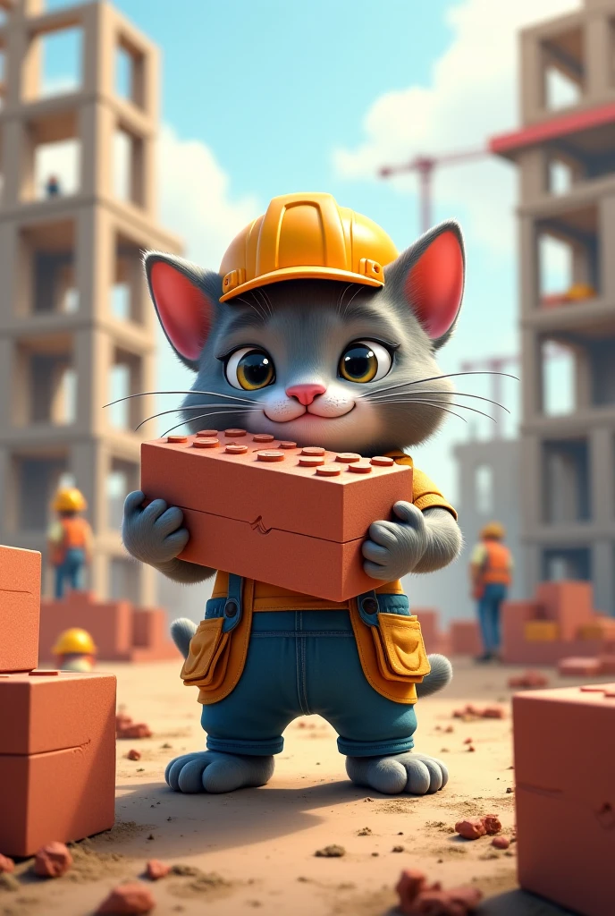A gray cat working as a bricklayer carrying blocks - SeaArt AI