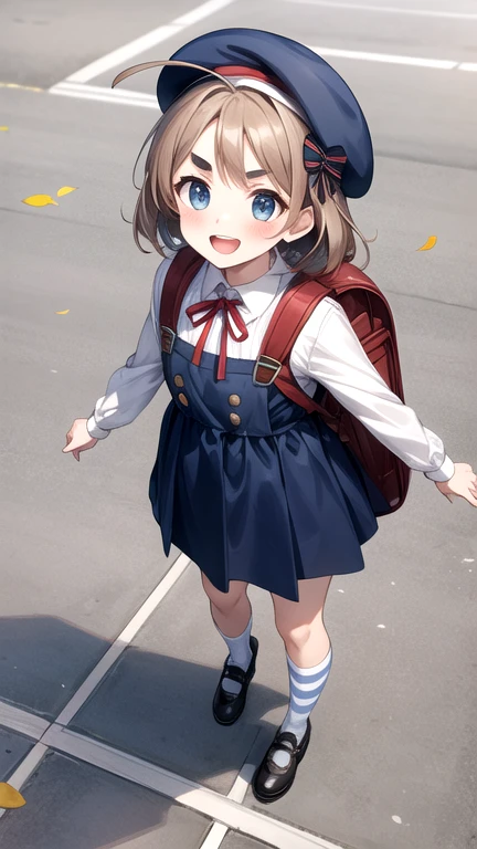 Masterpiece, hd, realistic, white legwear, light brown hair, 1girl, looking at viewer, smile, open mouth, blue dress, hat, mary janes, blue eyes, blush, ahoge, pinafore dress, sleeveless, eyebrows visible through hair, socks, black dress, , striped bow, grey background, red bag, striped, beret, short hair, striped neckwear, holding strap, red headwear, :d, white shirt, full body, long sleeves, brown hair, v-shaped eyebrows, neck ribbon, sleeveless dress, backpack, red backpack, white background, shoes, standing, ,collared shirt, black footwear, es-mate, leaf, white socks, ribbon, solo, diagonal-striped neck ribbon, standing , outdoors
