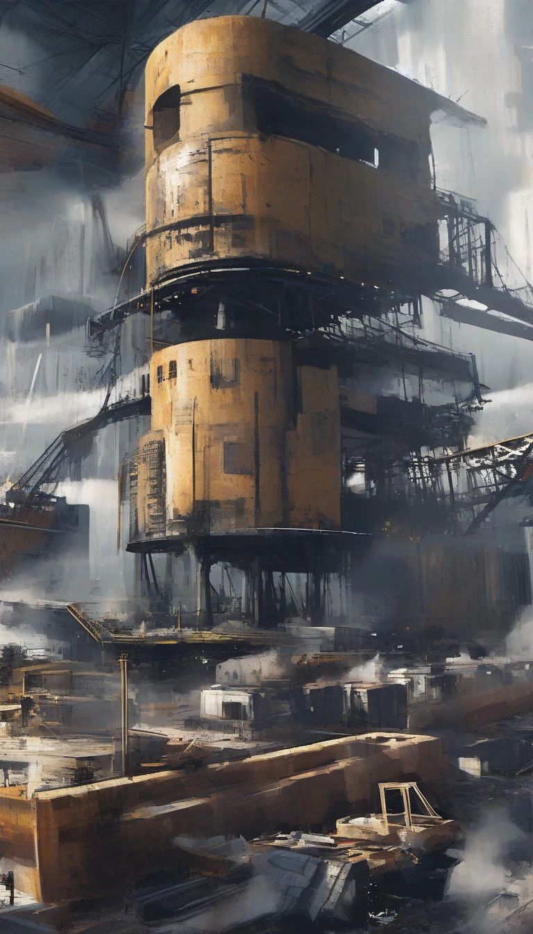 
wdct, wood cut style,  industials set, A crain lifting a giant gear, black gear,  men cooking coffe bean among industial equipment