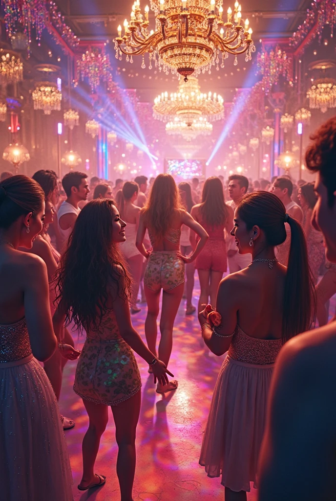 A group of women dancing at a nightclub, nightlife, holding a glass, wearing dresses, Brazilian model around 20 years, simpatica