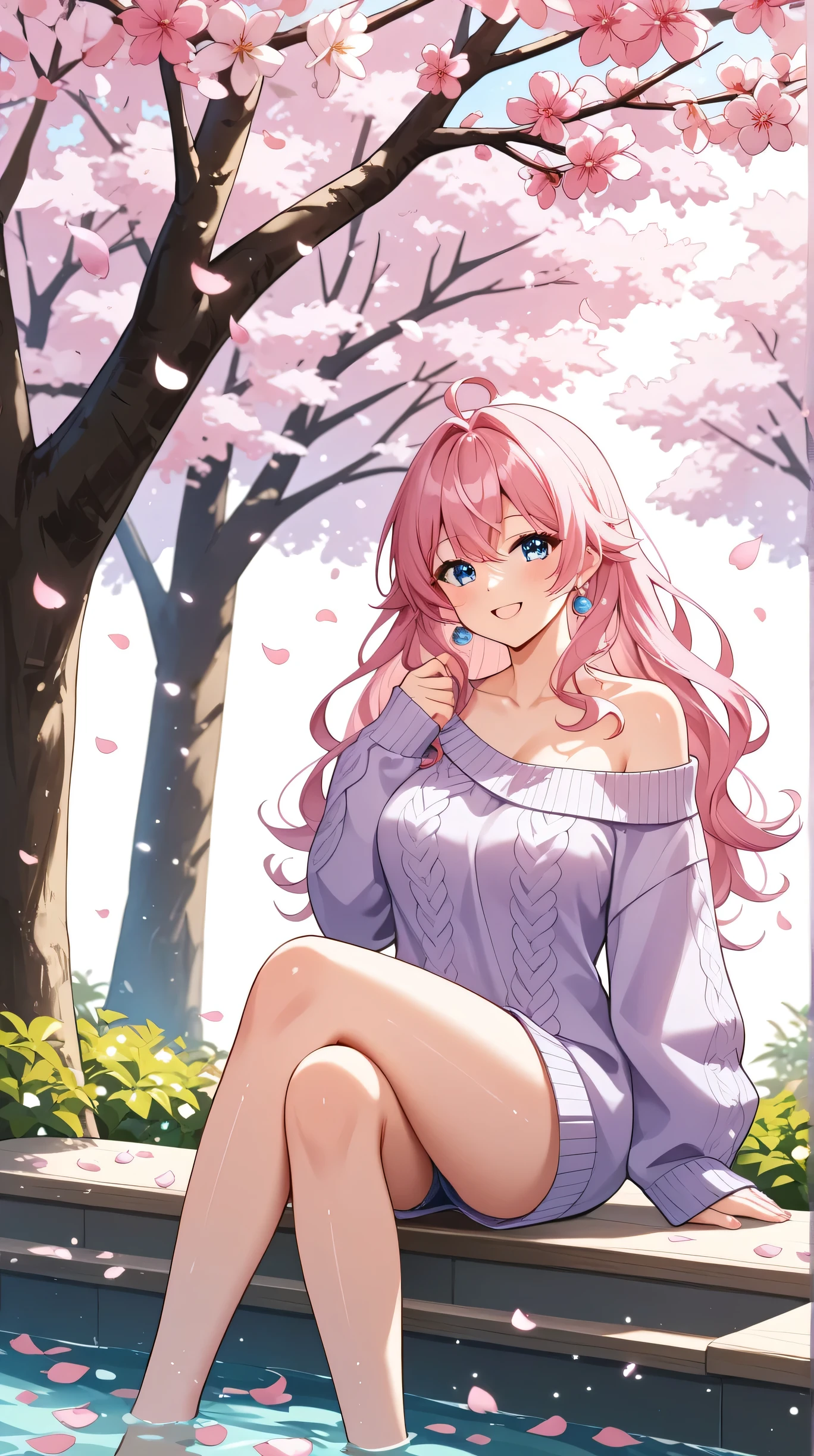 Masterpiece, Best Quality, Top Quality, Very Detailed, 1 girl, Anime-style fantasy illustration of a beautiful young empress with long flowing pink hair and bright blue eyes, wearing a cozy off-shoulder knitted sweater in soft purple. She is sitting peacefully under cherry blossom petals, smiling gently with a warm and caring aura. Her surroundings glow with soft ambient light, and delicate flowers float around her. The background blends spring motifs—sunlight streaming through trees, falling petals, and a light breeze. Her expression is kind and serene, evoking the spirit of spring and rebirth. The color palette is soft pastels with highlights of pink, lavender, and white. Ultra-detailed, cinematic soft anime lighting.
