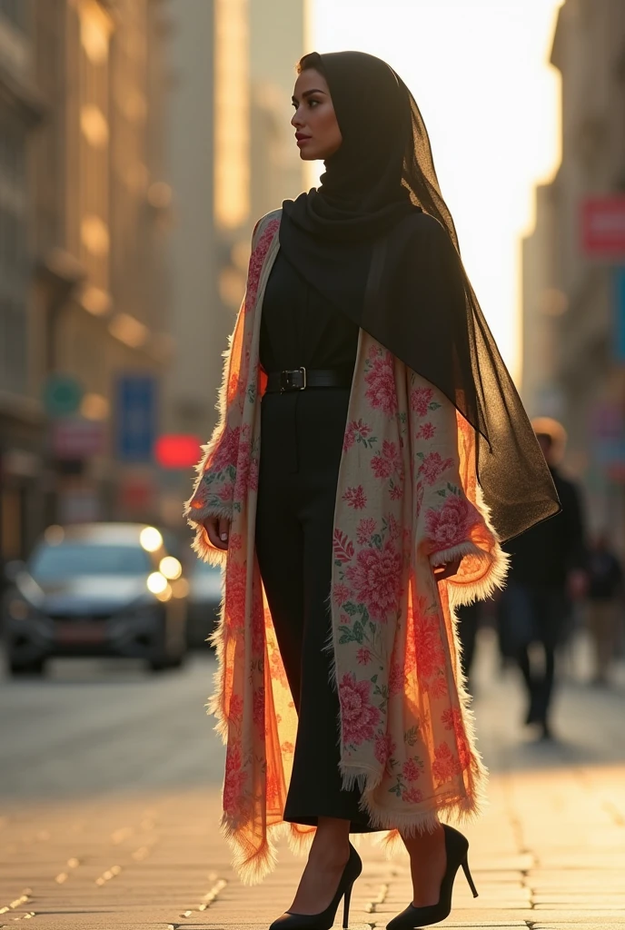 A beautiful women in burqa wearing watch and high heels in attitude Walking towards the car