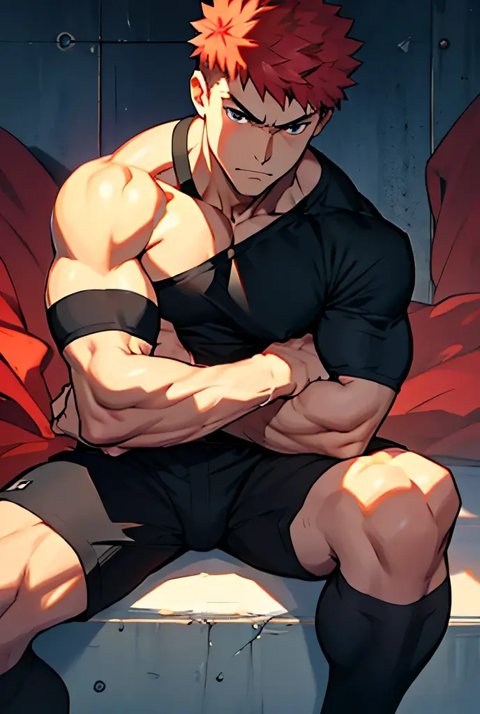 Shirou is sitting and flexing his biceps. He wears black shorts. You can see his thighs. He looks stoic and serious. He has bulging veins on his arms. He wears a black tshirt with short sleeves. His sleeve is completely rolled up so you can see his entire arm and shoulder.