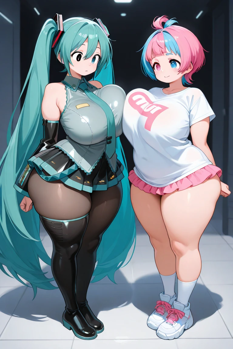 Two young women, (anime), full body poses, exercising intensively in a gym, wearing sport bras and thong made of see-through fabric, with sweat glistening on their bodies. Both have detailed short and messy multicolored hair with smirks face, and one of them has visible pubic hair. They have toned athletic bodies whit slim waist and huge sized breasts. (puffy nipple:1.3)