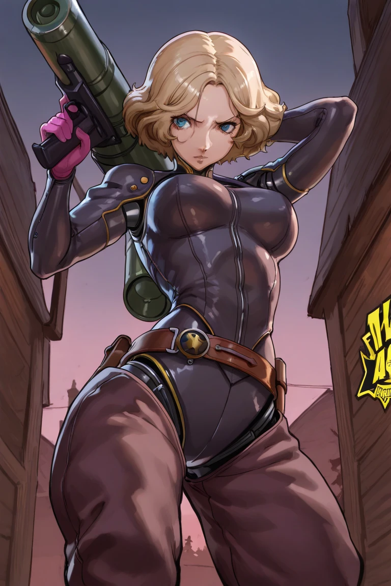Woman in tight tactical superheroe suit black and pink. Big boobs. Atlhetic muscular action heroine. Fighting the crime. Slim young and very pretty. Hard woman. Blonde. Short hair. Intense and big blue eyes. Armed with very big guns. She is running for her life. Enemies are firing like hell