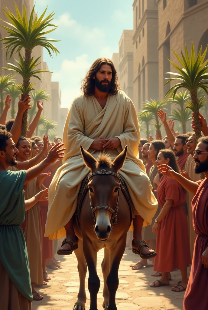 Clappi Jesus sitting on a donkey on Palm Sunday with many giving a reception ...