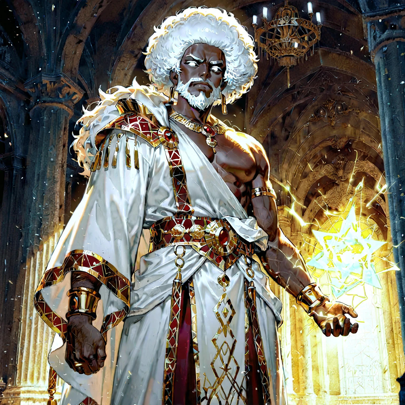 Comic-style art of a black man in his 50s with wavy, long, completely white hair, yellow irises. This man It's very thin, has wrinkles but not many, wears a lot of gold accessories, He is almost always smiling and is of Italian origin. He is a fashion designer and is based on the creator of Versace. Wearing classic and elegant clothes in white and gold. He uses a white cane decorated with gold and which has a bird skull on the tip, which is also made of gold.