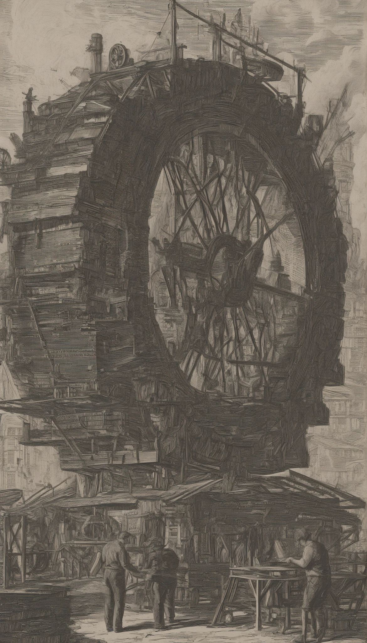 
wdct, wood cut style,  industials set, A crain lifting a giant gear, black gear,  men cooking coffe bean among industial equipment