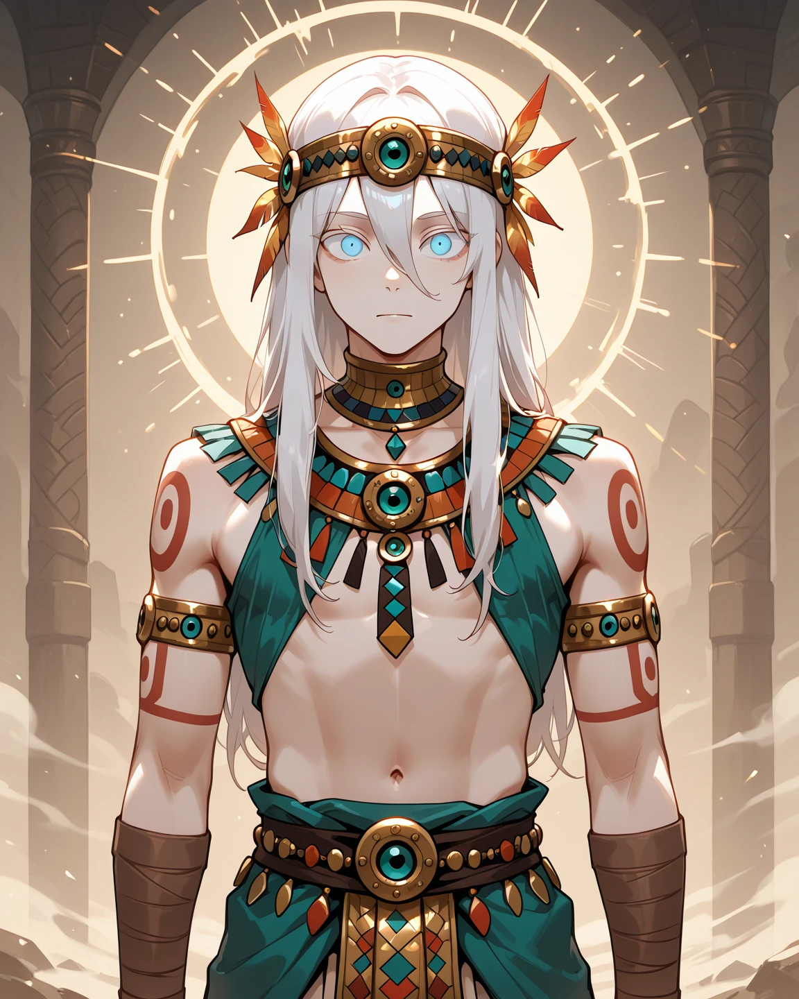 Sweet! Blue eyes! Beauty! Anime! Beautiful! Dark skin! tao! male! White tattoos. Death god Anubis stands in the middle of the picture. Egyptiane god Anubis. He looks like a age boy. Egyptiane Kleidung in gold. long blonde hair. Lots of gold jewelry. Lighter skin. Desert. Egyptian. Blue eye. Lots of make-up. Tattoos.