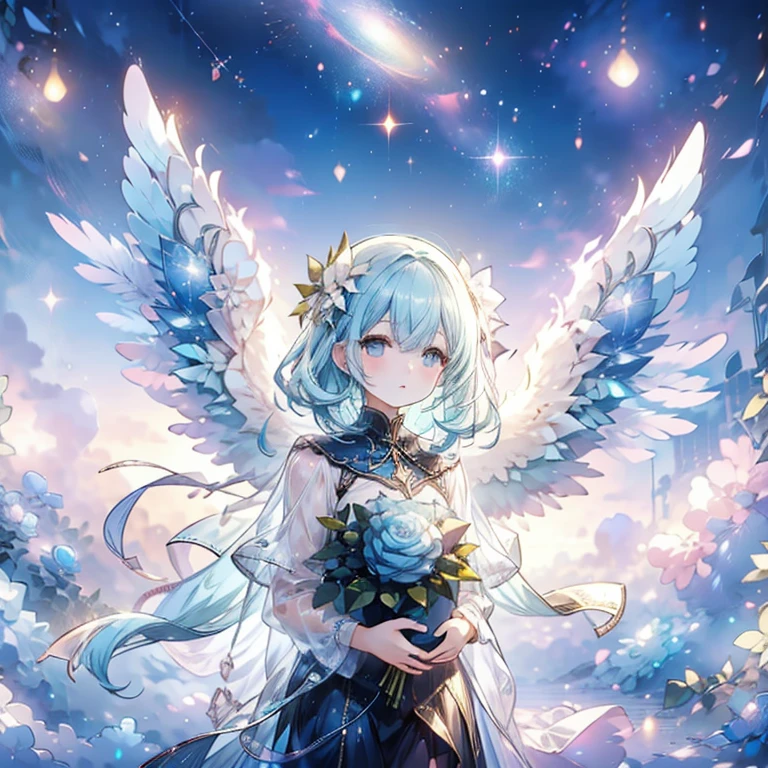 ( watercolor \(medium\), IrisCompiet:1.4),painting of a woman, (fractal art:1.4), colorful, detailed background, fractals in background, space and stars, wings on her back, high contrast, ray tracing, cinematic lighting, (from front:0.6)
