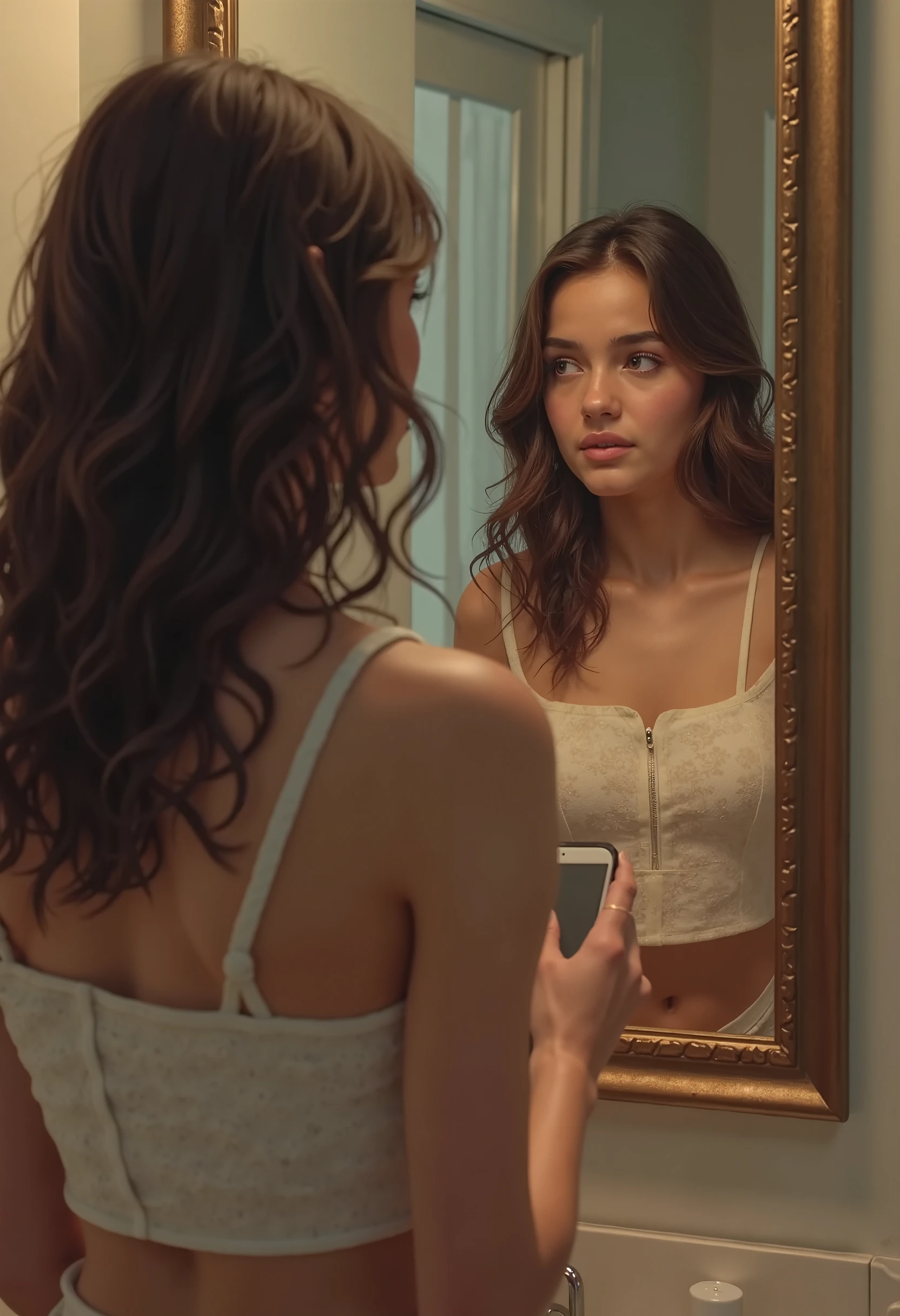 Woman with hair a little below her shoulders, Brown color, baggy clothes taking a photo in a mirror 