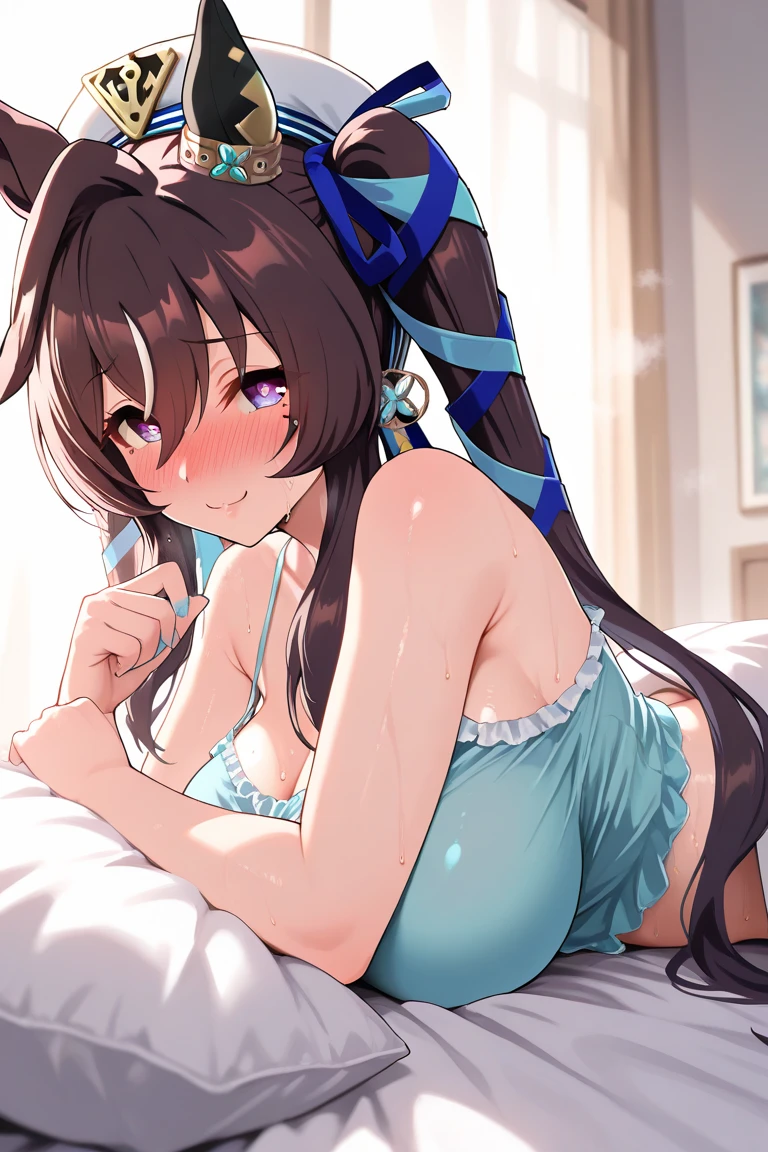 (masterpiece:1.3), (absurdres:1.3), (best quality:1.3), (ultra-detailed:1.3),(best shadow:0.7), (handled hair), perfect anatomy, 1pony, solo, double bun, visor cap, hair bun, long_twintails, brown hair, blue eyes, hair between eyes, large breasts, sightly smile, nuisette, wearing a nuisette, see-through, see-through silhouette, revealing clothes, armpits, arm behind head, all fours, on bed, leaning forward viewer, pov, close-up, from below, upper body, (((my little pony)))