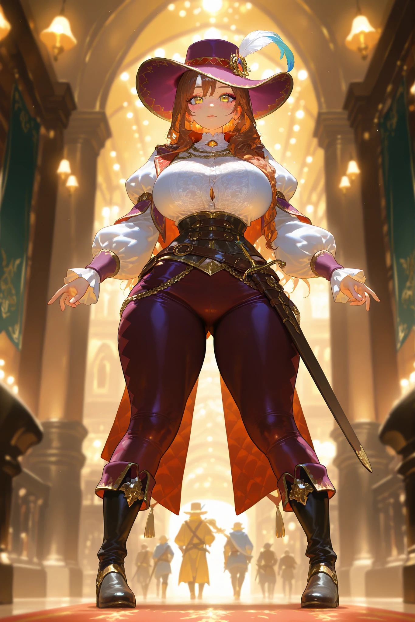 ((BLACK BACKGROUND 1:2, masterpiece)) 1solo female full body MILF BIMBO standing straight symmetrical with two long thighs and two metal sandals, red eyes like rubies, eye focus looking to the viewer, silver white hair, short bob style hair, big knockers breastplate, breastplate, cleavage, tiara royal, long cape up to two feet, yellow bikini (yellow tiger stripes), lustful smirking smiling, smile face (red blushed, red cheeks), pauldrons metal shoulders, gold sleeveless bracelets, separate sleeves, hands on waist hands OR hips, golden bracers, metal handcuffs, leather corset, red loincloth, black leather choker slave collar, shackles bracelets, slave red crest under navel, navel, big belt around waist OR hips, feet together, metal ankle, two long thighs and two metal sandals