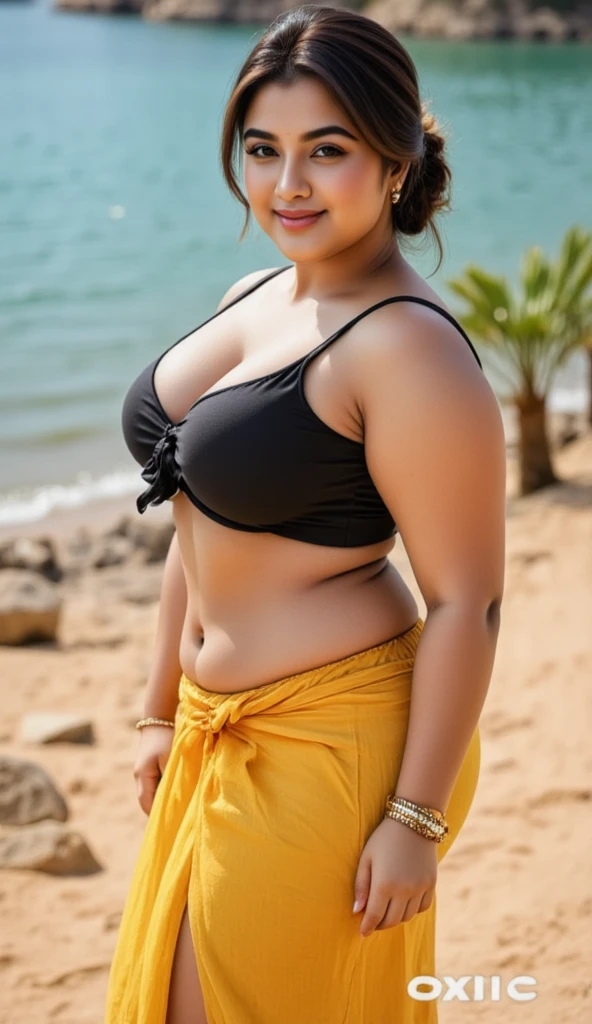 (((realistic))),indian, fair skin, beautiful, curvy, big natural tits, ((perfect figure)), saree, ????, (beach), ((symmetric face))