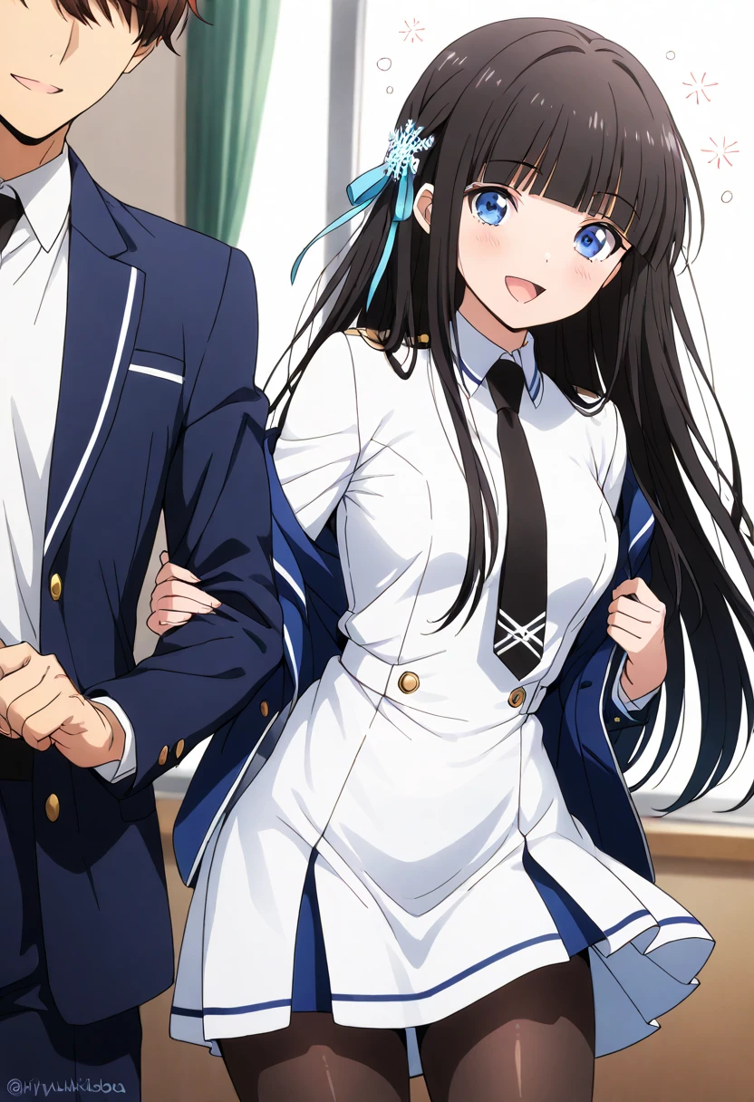 A beautiful woman with shoulder-length black hair, big breasts, beautiful legs, and a sharp face is wearing a sailor suit with a white miniskirt, showing light blue and blue striped panties, and is standing next to her on the bus.She is a middle-aged man in a suit. standing glaring at a man。
