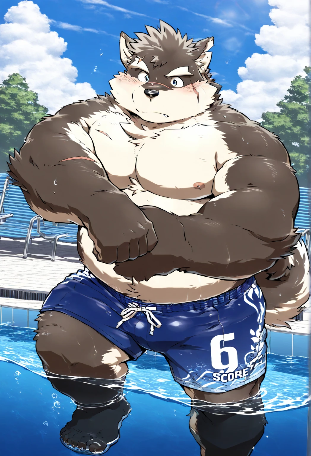 solo, 1boy, Huge Muscular White Polar Bear wearing sunglasses, huge white fur, pectoral, huge pectoral, wide pectoral, short white hair, blue speedo trunks and shirtless and topless, white bearded, white Mustache, white fur, shiny body, summer mansion background, masterpiece, high detailed, 8k, high resolution, at the pool, flexes huge pecs