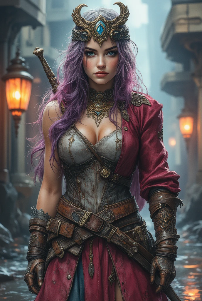 a painting of a woman with a pink hair holding a huge sword, skin gray, goliath woman, diesel punk female, fantasy ttrpg villain, a very beautiful berserker woman, in a fantasy end medieval wood