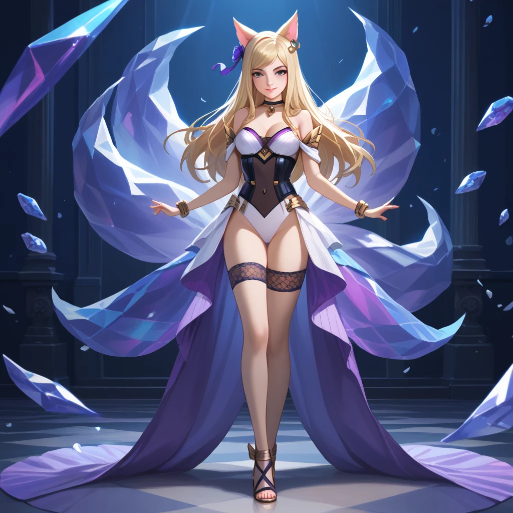 LoL Style, 1girl, animal ears, asymmetrical clothes, blonde hair, blue eyes, choker, crystal, dress, facial mark, fox ears, fox girl, fox tail, hair ornament, jewelry, k/da (league of legends), long hair, looking at viewer, makeup, nail polish, necklace, pink hair, red lips, sitting, solo, tail, very long hair, whisker markings, <lora:LeagueStyles:0.8>