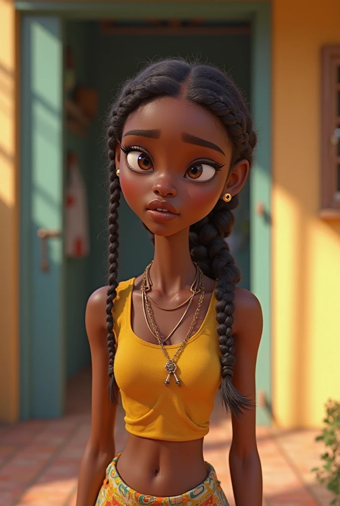 Princess Tiana in chains, as a captive, casual clothes, simple look, white wallpaper, regular person, high quality
