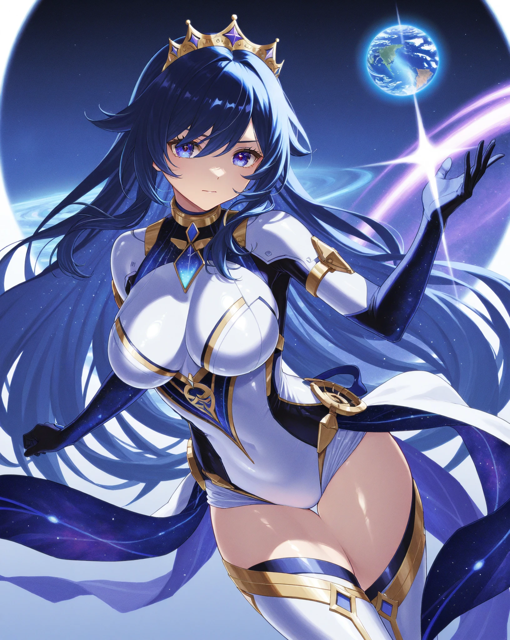 (((shylily))),Lilac gradient hair,Asymmetrical hair,((Hair is very thick 1.8,Hair is well-defined1.6)), Hair over the shoulder, messy hair, Very long hair, shinny hair,( Against the backdrop of an unusually bright dark starry sky,Stood up(Place your hands behind your back),(Round, The large, firm breast),The barefoot,afloat,waterface,,fully body photo